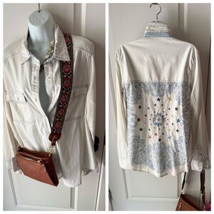 Free People White Button Down Shirt with Embroidered Back in faded blue.